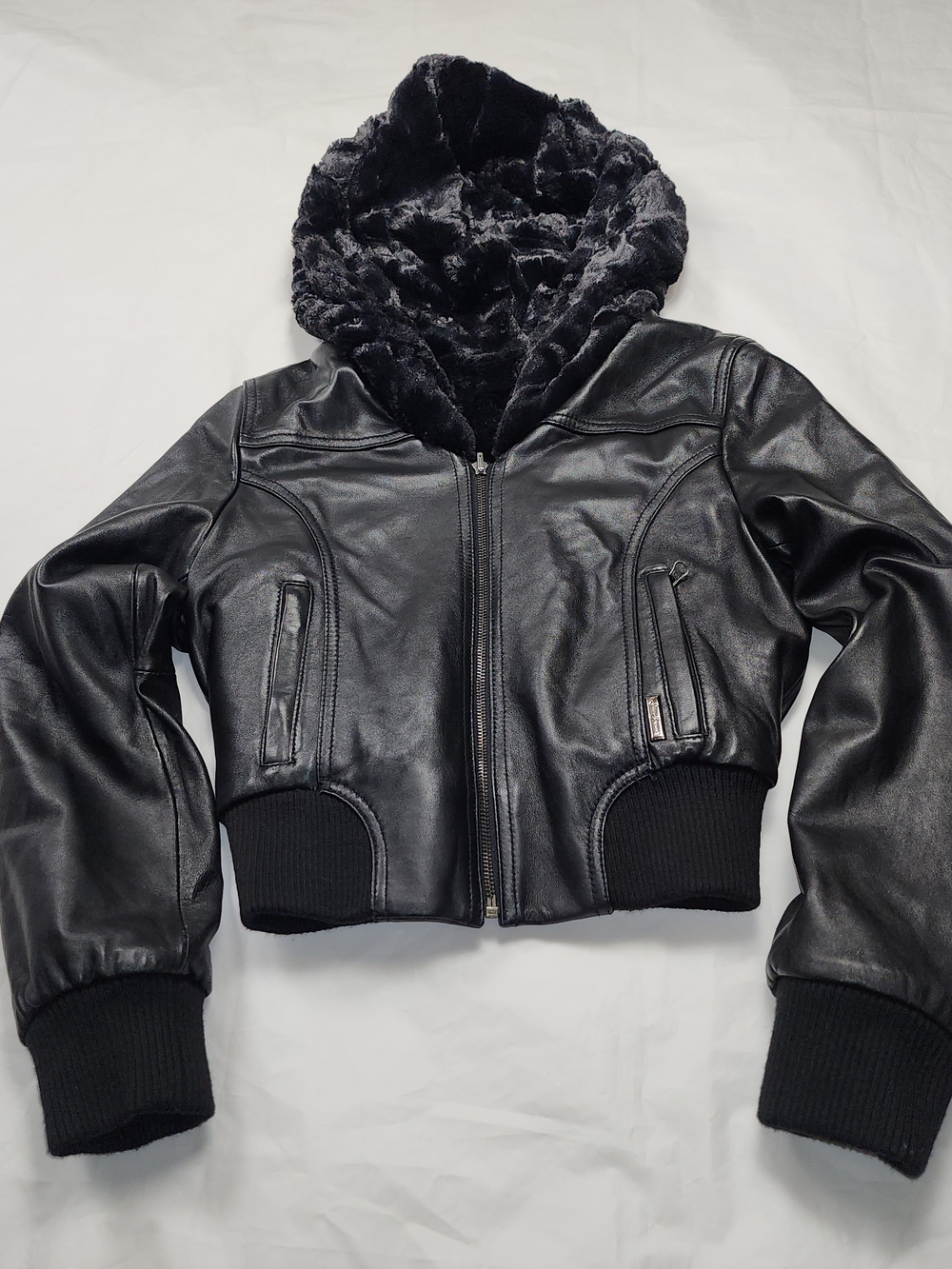 VTG Y2K Sean John Women's Reversible Black Leather Bomber Jacket Size Small